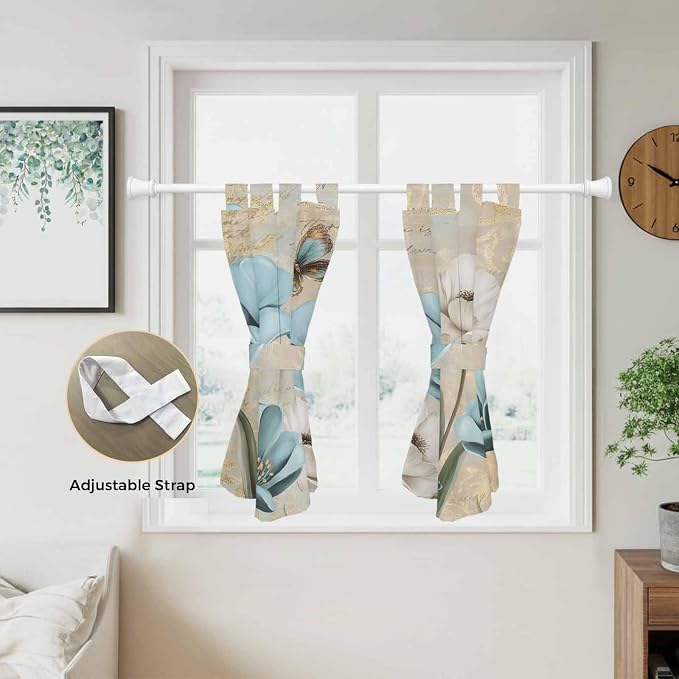 Spring Flowers Kitchen Curtains 45 Inch Length, Short Cafe Window Curtains Tab