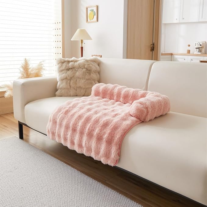Calming Dog Bed Mat, Fluffy Fuzzy Couch Cover for Sofa, Winter Thickened Pet Mat with Anti-Slip Bottom Warm Soft Cushion Washable Pet Bed for Small Dogs and Cats (Pink, 90x90cm/35.4x35.4in)