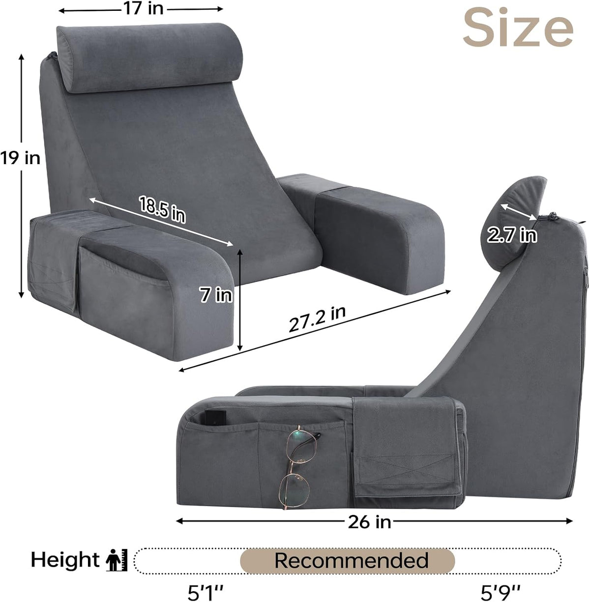 ENITYA 19" Reading Pillow for Bed with Firm Back Support & Big Pockets