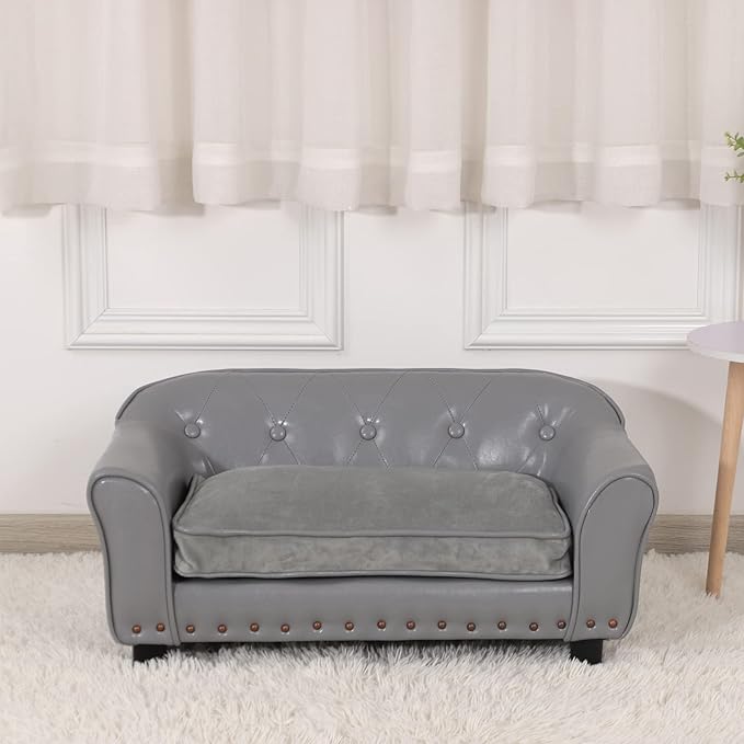 Dog Couch,Puppy Bed,Cat Sofa,Cat Couch,Pet Sofa,Dog Chair,Small Pet Bed,with Copper Nail and Wooden Frame, Leather Fabric and Cushion,for Small Animals Using (Grey)