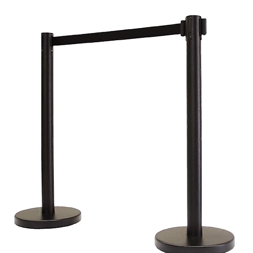 VIP Crowd Control Retractable Belt Stanchion Queue Safety Barrier Set, 36" Ht, 78" Black Belt (2 Posts)