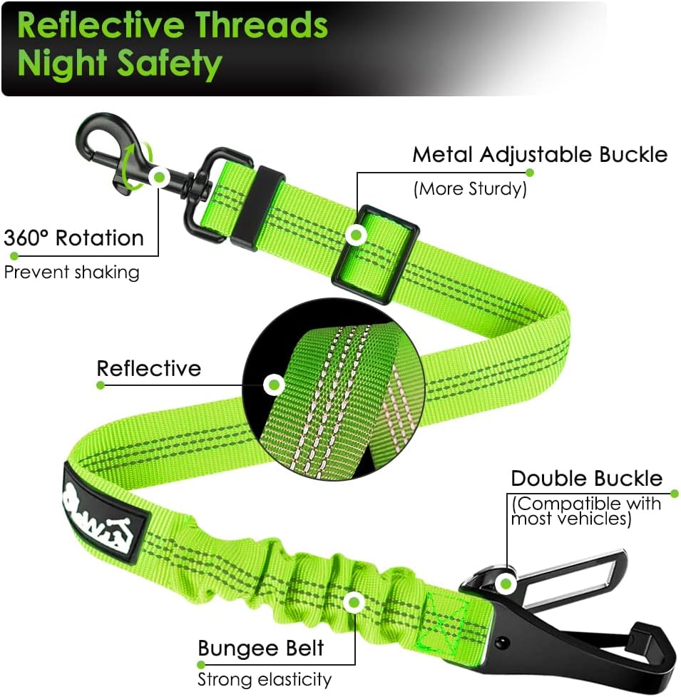 SlowTon Dog Seat Belt, Adjustable Dog Safety Belt Leash, 2 in 1 Latch Bar Attachment Dog Car Seatbelt with Elastic Nylon Bungee Buffer, Reflective Nylon Belt Tether (Lime)