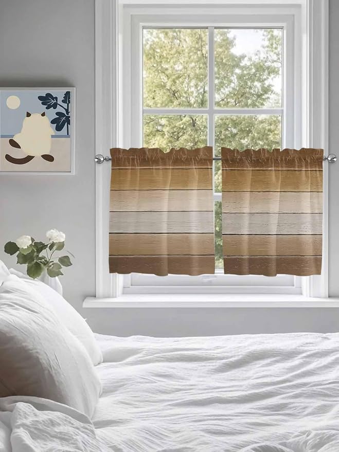 Vintage Brown Gradient Wood Grain Window Valance Curtains, Farmhouse Wood Barn
