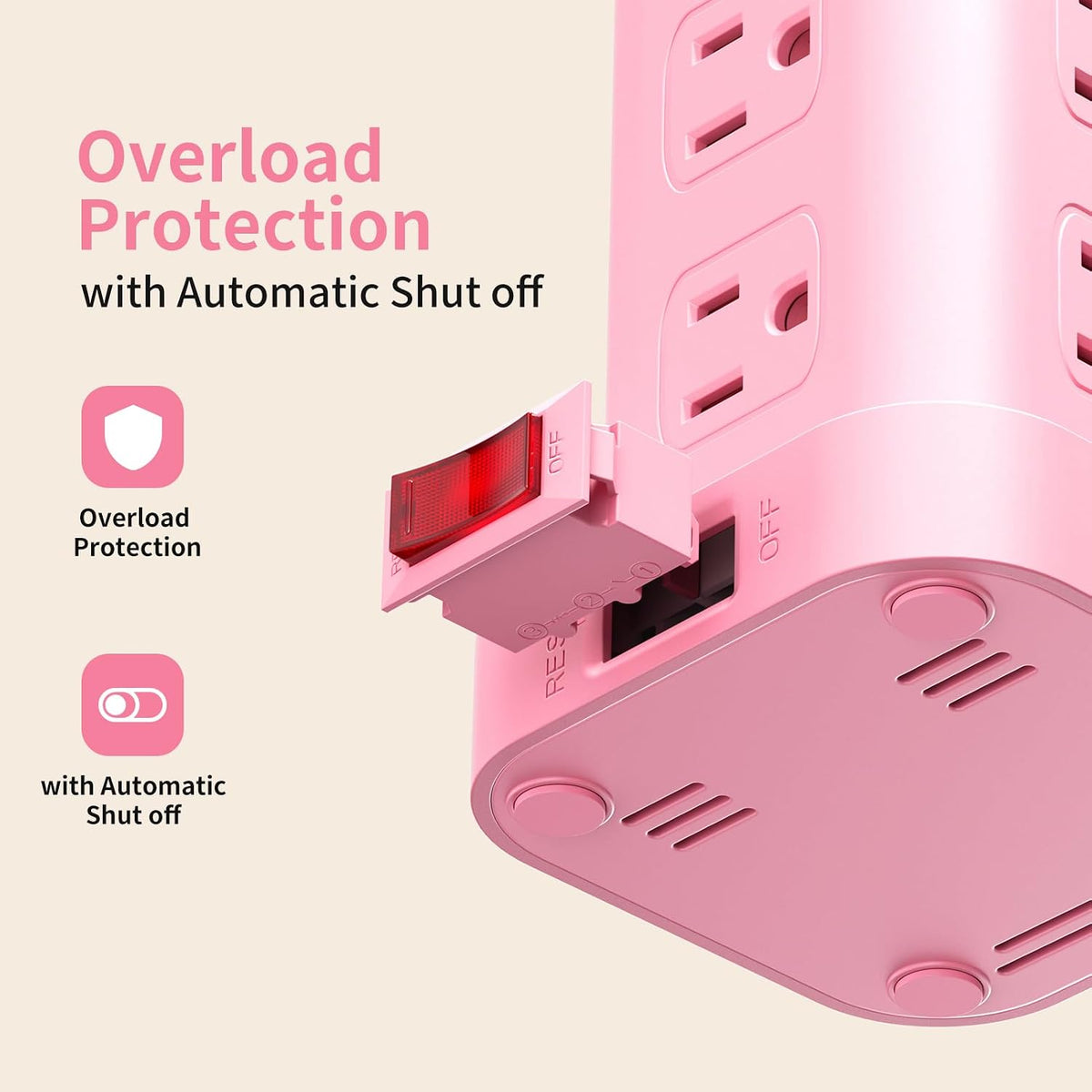 Extension Cord with Multiple Outlets, SMALLRT Outlet Extender with 12 AC Outlets 4 USB, 6.5FT Power Strip Tower for Home Office Supplies, Pink