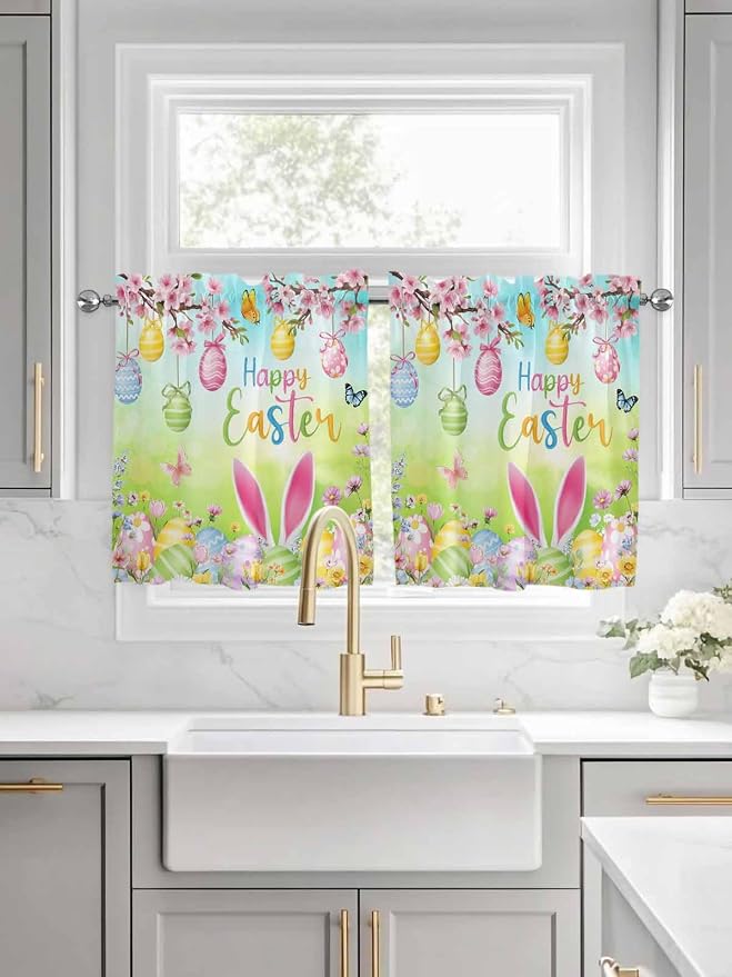 Easter Half Window Curtains 24 Inches Long, Spring Bunny Colorful Rabbit Eggs
