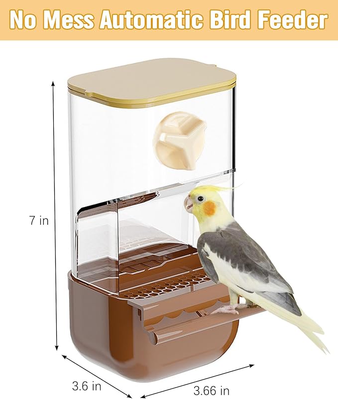 BNOSDM No Mess Bird Automatic Feeder Bird Cage Feeders Parrot Cage Accessories Transparent Seed Food Container with Perch for Finches, Parakeets, Budgies, Lovebirds, Cockatoos, Canaries (Brown)