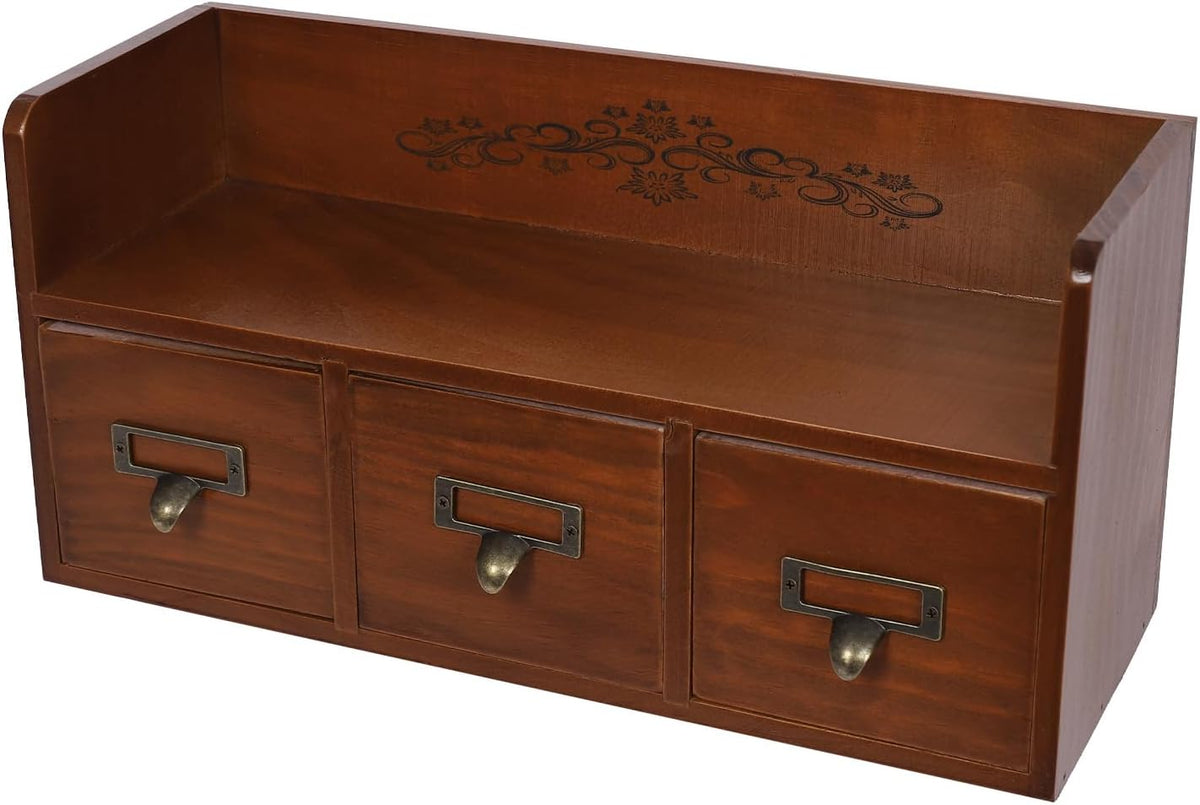 Desk Organizer with 3 Drawers, Wooden Apothecary Cabinet Desktop Storage Shelf File Holder with Label Boxes, Makeup Organizer Filing Case for Office Bedroom Home, L15.2*W5.7*H7.3in
