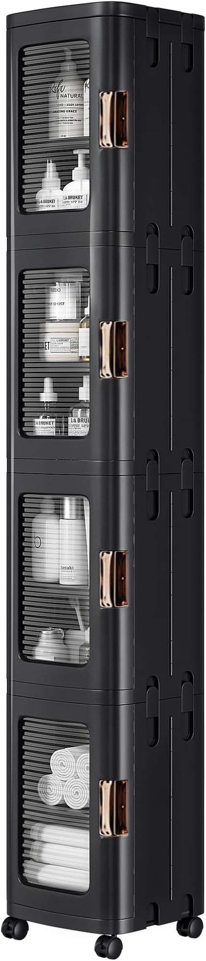 VECELO 4-Tier Tall Narrow Storage Cabinet with Movable Wheels, Adjustable Shelves, Anti-Tip, Slim, for Small Space, Bathroom, Kitchen, Laundry, Black