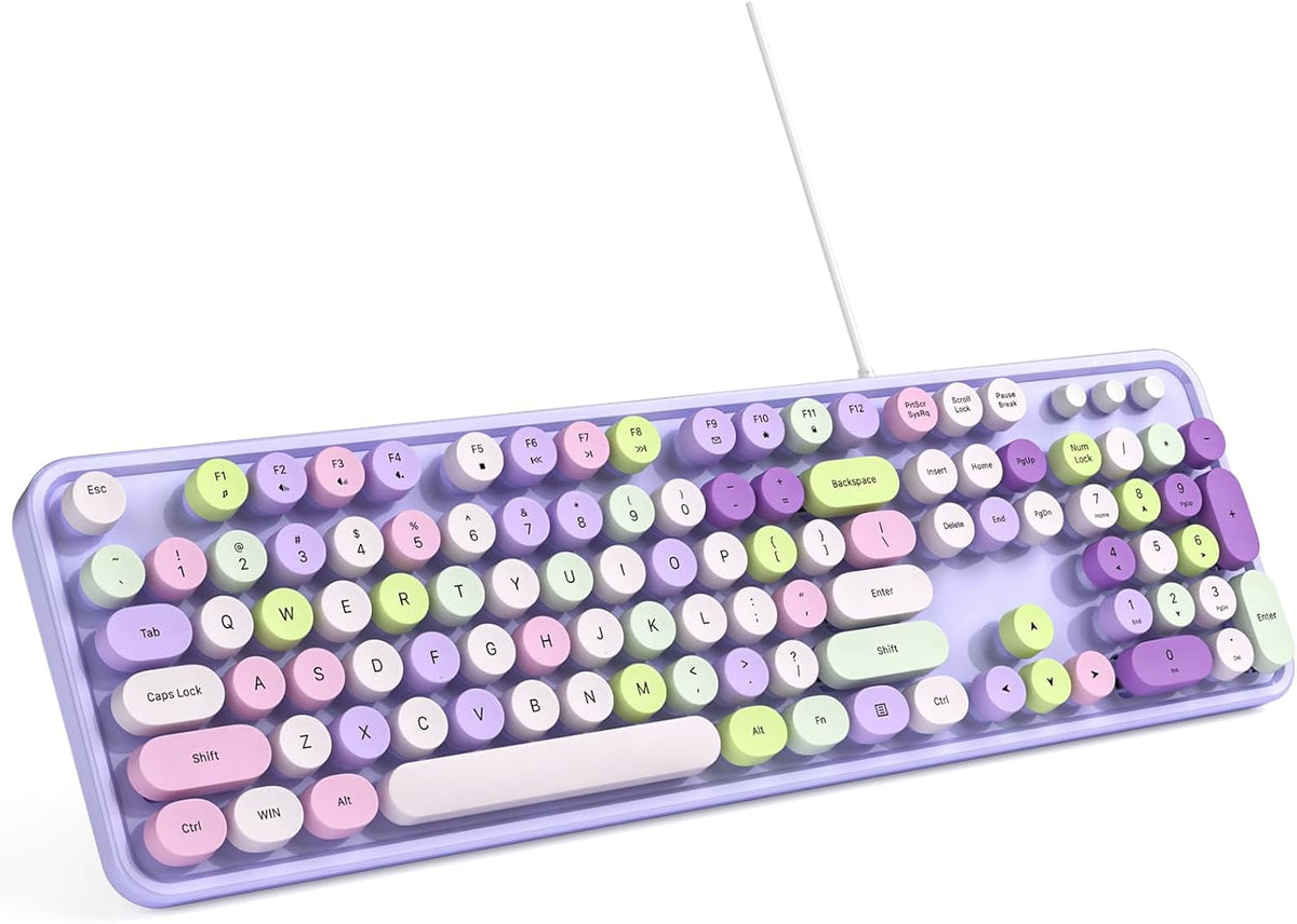 MOWUX Computer Keyboard Wired, Plug and Play USB Retro Round Typewriter Keyboard, Full Size Wired Keyboard with Foldable Stands for Laptop and Office PC- Purple Colorful