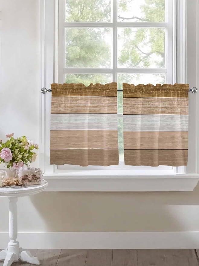 Retro Farm Wood Board Window Valance Curtains, 2 Panel