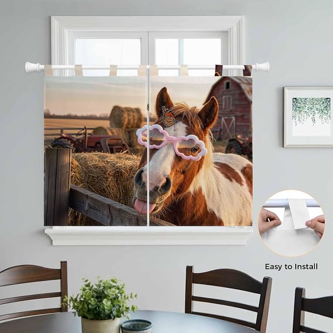 Farm Horses Kitchen Curtains 45 Inch Length, Short Cafe Window Curtains Tab Top