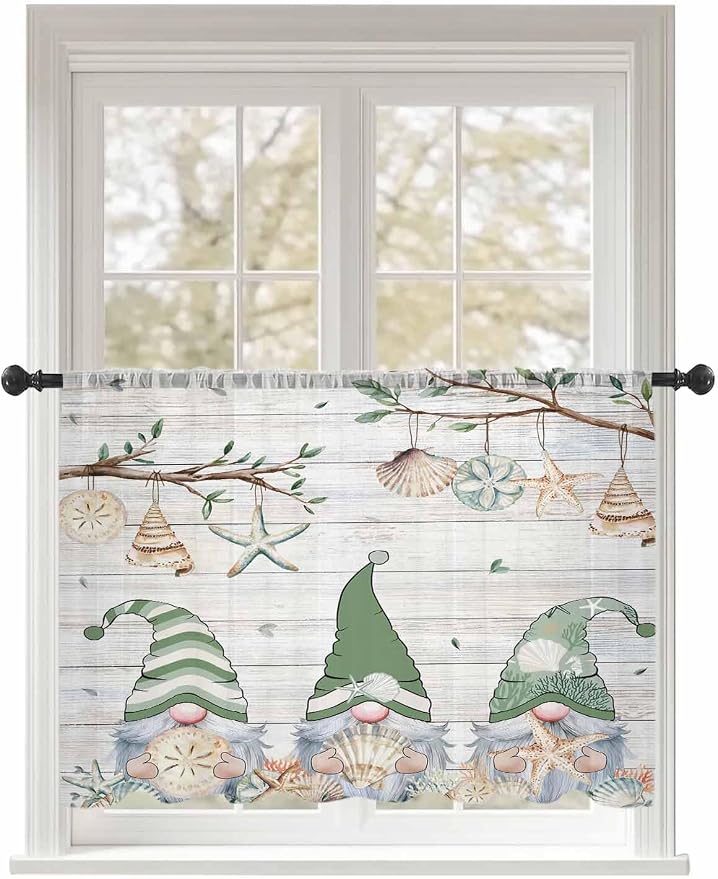 Sheer Curtains 54 Inch Length, Sage Green Gnomes Semi Sheer Curtains Light