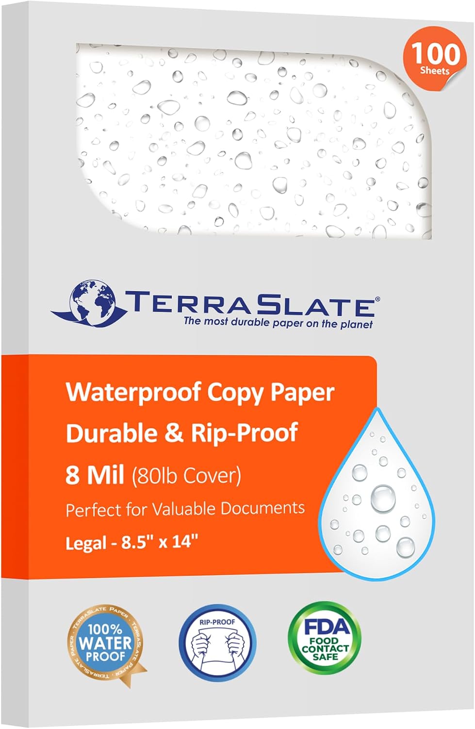 TerraSlate Waterproof Laser Printer Paper – 8 Mil 8.5"x14", 100 Sheets, White – Rip-Proof, Heavy-Duty for Outdoor Use, Smudge Proof, Ideal for Printing, Copying & More