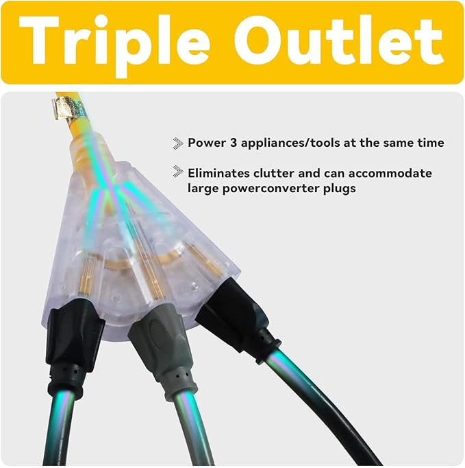 EP 20 Ft 12 Gauge Heavy Duty Extension Cord, 15A 125V 1875W, 3 Outlet Indoor/Outdoor Power Cord with Lighted End, 12/3 SJTW Weatherproof Yellow, UL Listed