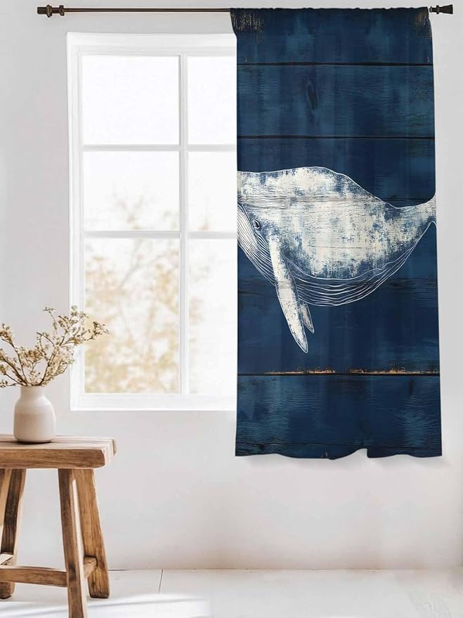 Sheer Curtains 63 Inch Length, Summer Whale Semi Sheer Curtains Light Filtering