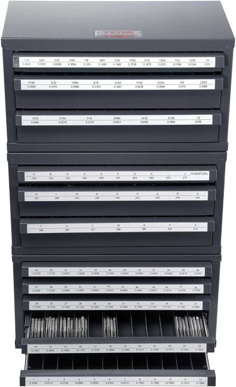 VEVOR Drill Bit Dispenser Cabinet Set, Three-Drawer for 1/16" to 1/2" & Letter Sizes A to Z, Five-Drawer Organizer for Wire Gauge #1 to #60, 3 Pieces
