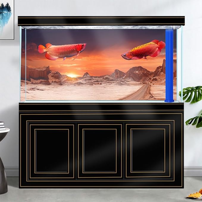 48X18IN Sun and Desert Moon Themed Reptile Habitat on Orange Durable Decorative Background, Terrarium Background with 10EVA Double-Sided Tape