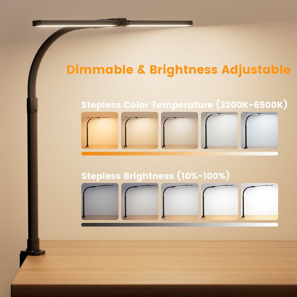 LED Desk Lamp for Home Office, 24W Computer Desk Light with Remote Control, Bright Table Lamp with Clamp Dimmable Tall Desktop Lighting with Bendable Gooseneck, Double Head, Black