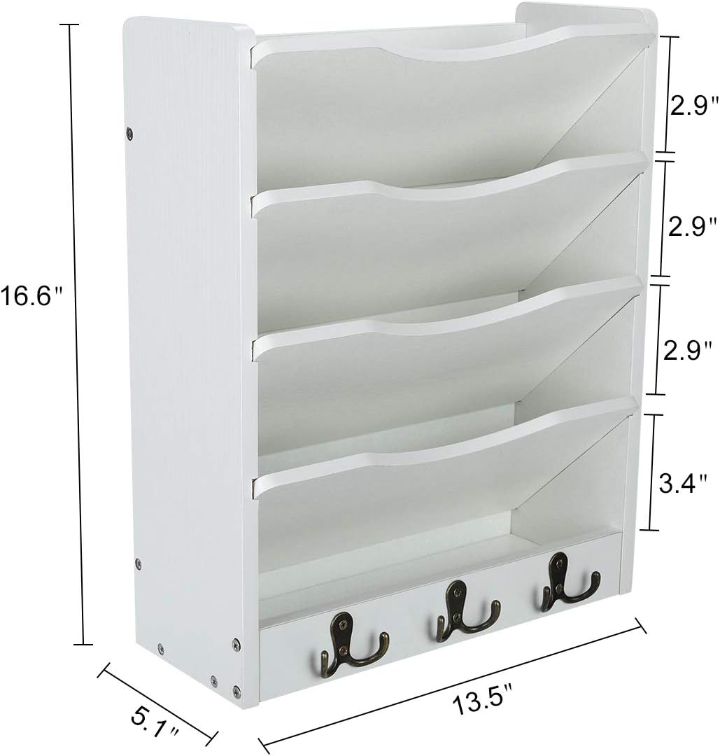 PAG-Mass 5-Tier Wall File Holder Hanging Mail Organizer Wood Magazine Literature Rack with 6 Hooks, White