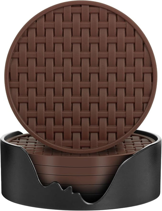 Brown Silicone Coaster with Holder Set of 6, 4 Inch Non-Slip Cup Mats | Round