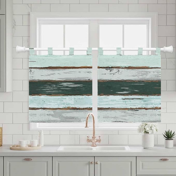 Blue Teal Kitchen Curtains 24 Inch Length, Small Window Curtains Tab Top