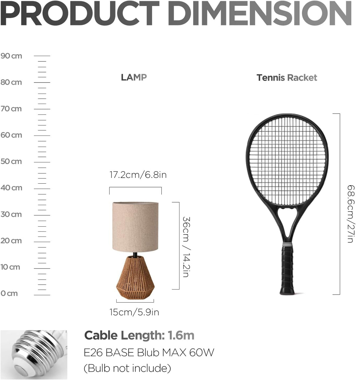 Boho Table Lamp with Linen Drum Shade, 14.17” Bedside Lamp with E26 Rattan Base for Living Room, Bedroom, Office – Natural Woven Style Accent Light, Bulb Not Included