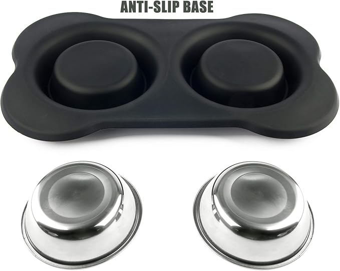 Dog Bowls with Anti-Overflow and Anti-Skid Silicone Dog Food Mat, Stainless Steel Feeder Easy to Clean for Small Medium Large Dogs Cats Pets