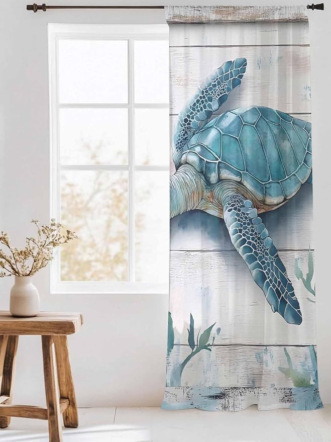Sheer Curtains 96 Inches Long, Teal Green Sea Turtle Semi Sheer Curtains Light