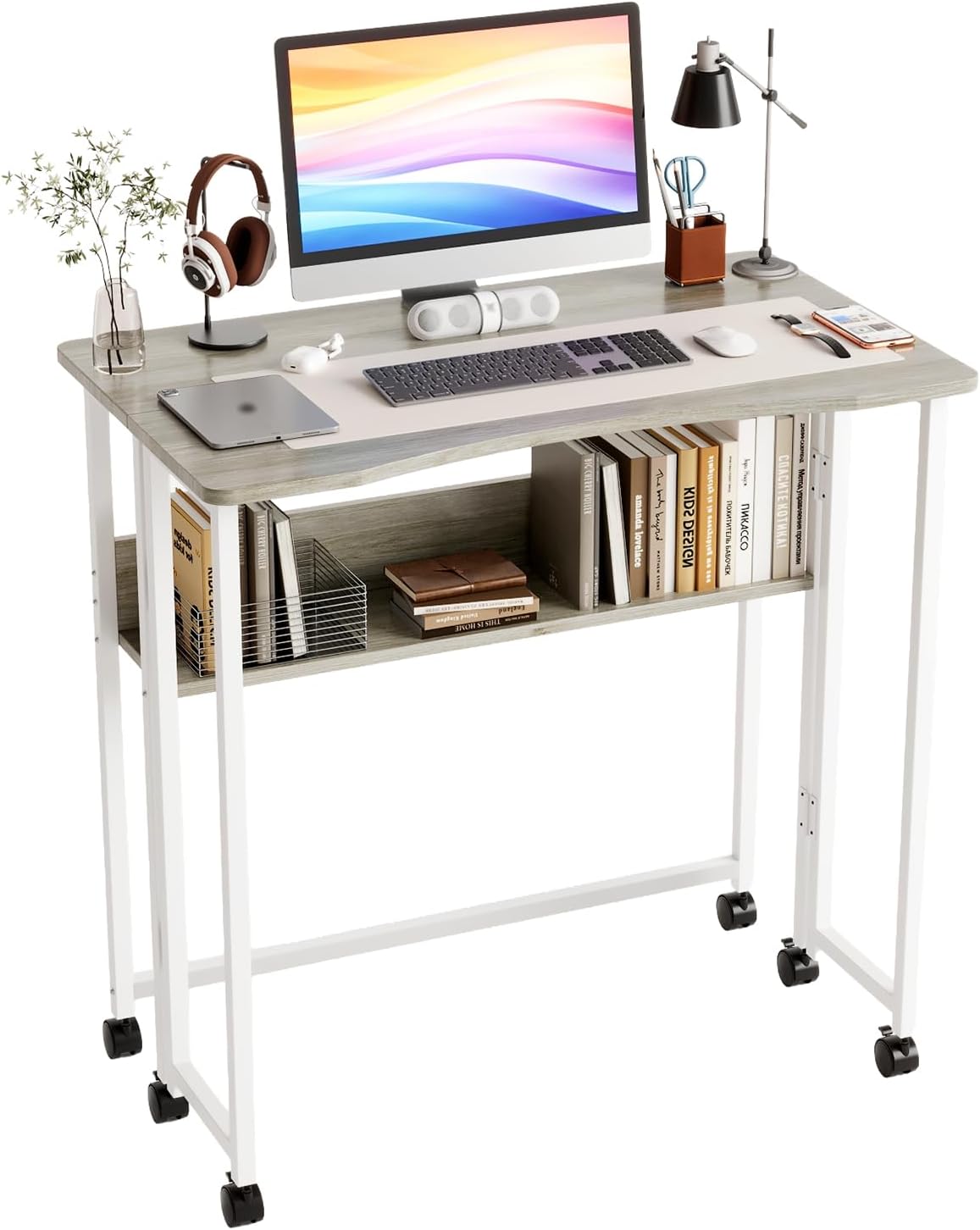 VINGLI 31.5 Inch Folding Computer Table, Small Rolling Desk with Storage Shelf, Space-Saving Sofa Table for Couch, Portable Writing Workstation Office Computer Desk, Grey