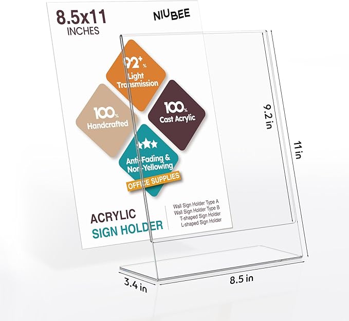NIUBEE 24 Pack Acrylic Sign Holder 8.5 x 11 Inches Slanted Back, Clear Plastic Sign Holder Paper Display Table Stand for Office, Store, Restaurant