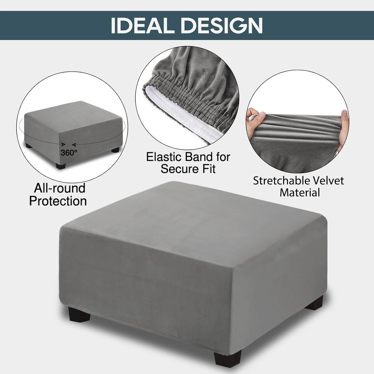 NeColorLife Velvet Ottoman Cover Square, XX-Large, Gray