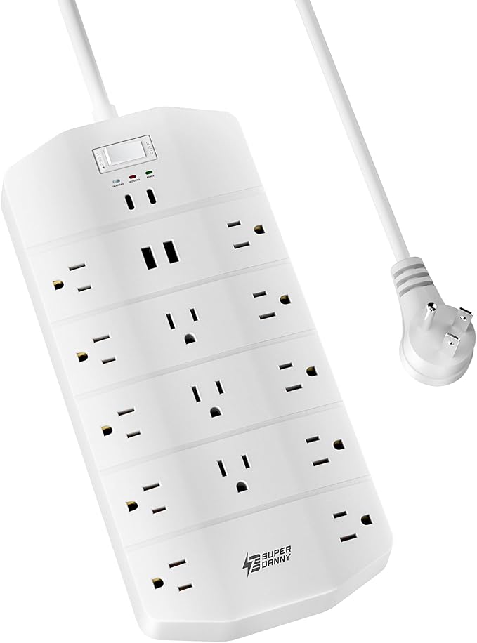 Power Strip,SUPERDANNY 5000 Joules Surge Protector with 13 AC Outlets 2 USB-A & 2 USB-C PD 20W Fast Charging Heavy Duty 14AWG/3C Industrial Grade 10ft Extension Cord for Workbench Home Office White