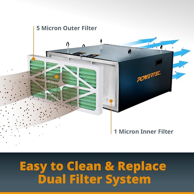 POWERTEC AF1045 3-Speed Remote Controlled Air Filtration System w/Extra Inner &