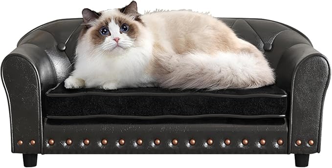 Dog Couch,Puppy Bed,Cat Sofa,Cat Couch,Pet Sofa,Dog Chair,Small Pet Bed with Copper Nail and Wooden Frame, Leather Fabric and Cushion,for Small Animals Using (Black)