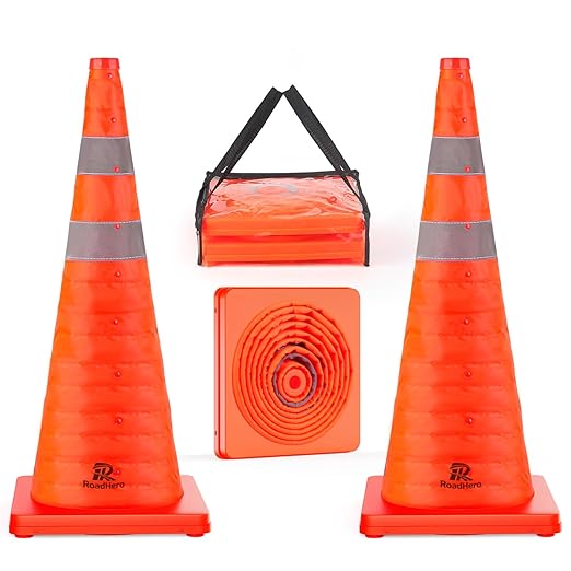 RoadHero 28 Inch 2 Pack Collapsible Traffic Safety Cones, Multi Purpose Pop-up Cones with Reflective Collar for Road Safety, Orange Cones for Driving Training, Parking Lots