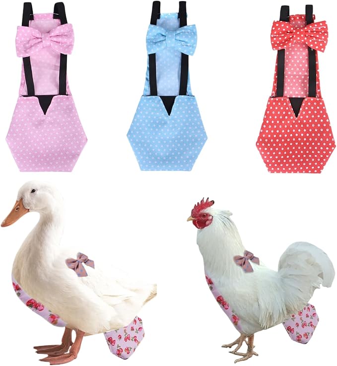 MANON ROSA Chicken Diapers Bantam Hens - Reusable 3-Piece Set with Bow Ties Poultry Nappies Washable Waterproof for Geese Pet Ducks Silkie (Polka Dot XS)
