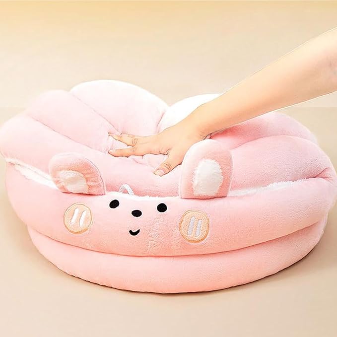 Cat Bed for Indoor Cats, Dog Bed with Anti-Slip Bottom, Rabbit-Shaped Cat/Small Dog Cave with Hanging Toy, Puppy Beds with Removable Cotton Pad, Super Soft Calming Pet Sofa Bed (Pink, Large)