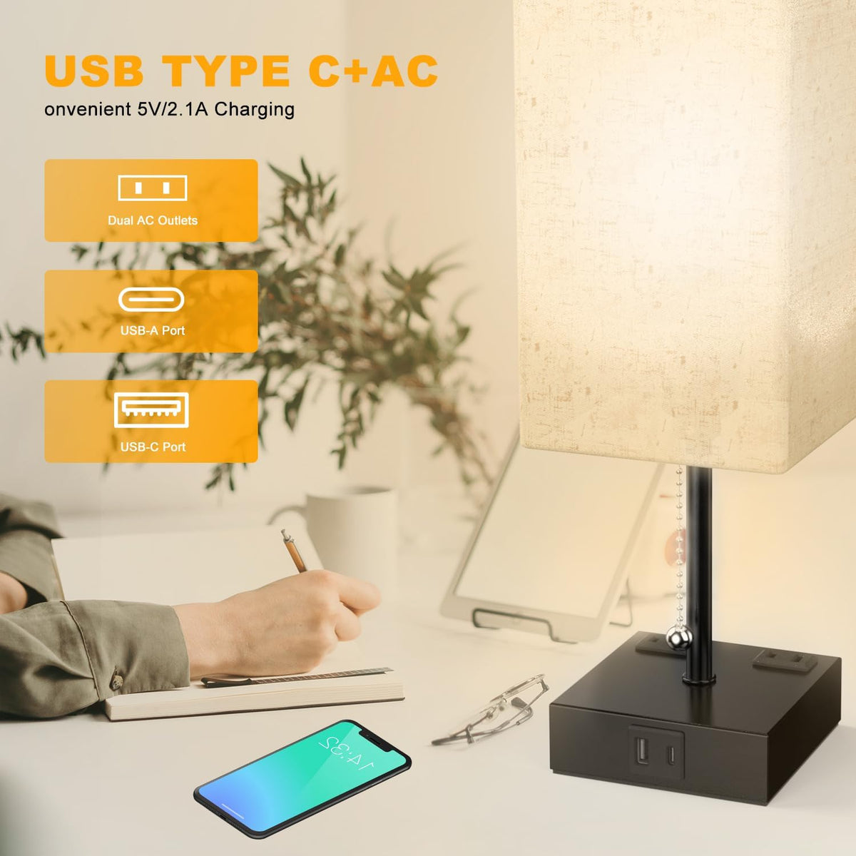 YIDPU Table Lamp for Bedroom with USB,Bedside Lamp with USB C+A Charging Ports,Adjustable 3color LED Light for Home Decor/Nightstand/Office,Included Bulb and Fabric Lamp Shade (Linen White, 2PCS)