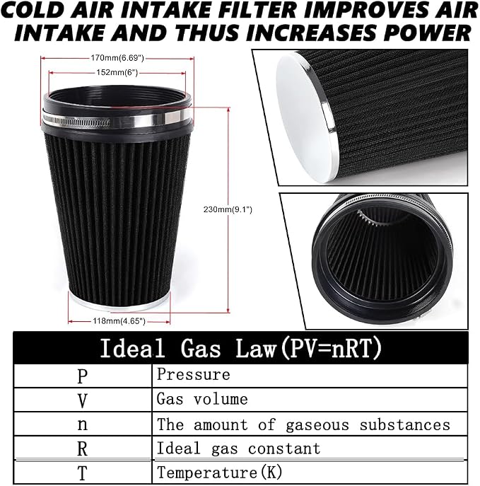 6" Inlet Cold Air Intake Filter Cone Replacement Performance Washable Clamp-On