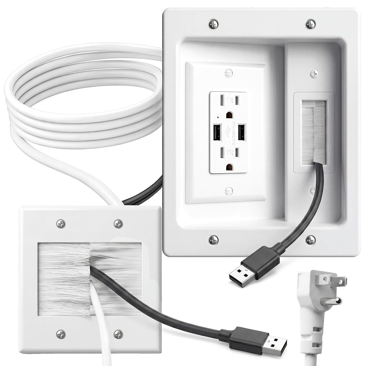 in-Wall Cable Management Kit, Recessed TV Outlet Box with Dual AC + 2 USB Ports, 9ft Power Cord, Wall Cable Hider Pass Through, TV Cord Concealer for Wall Mounted TV, Home Theater
