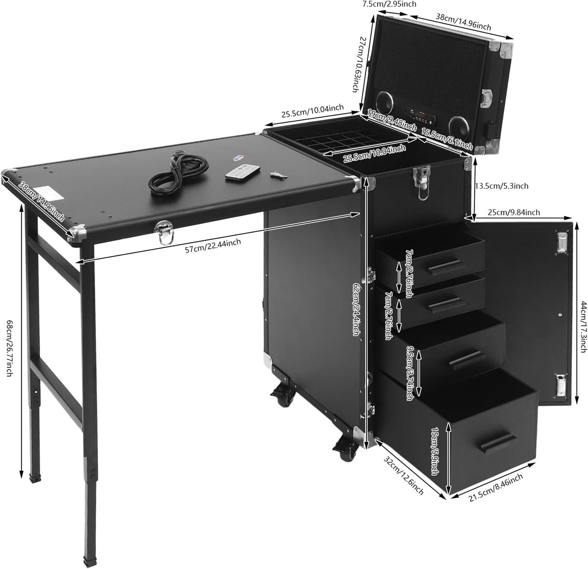 Cosmetic Trolley Storage Organizer, Foldable Nail Tables with 4 Drawers Mirror&Speaker for Hair Stylists Pet Groomers Makeup Artists Technician Workstation Salon