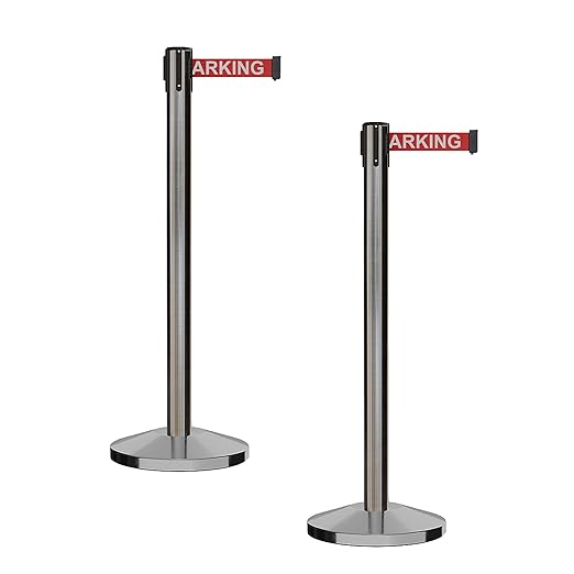 CCW Series RBB-100 - Set of 2 Stanchion Retractable Belt Barriers (11 Foot Belt, Red with"NO Parking" White Letters Belt with Satin Stainless Steel Post)
