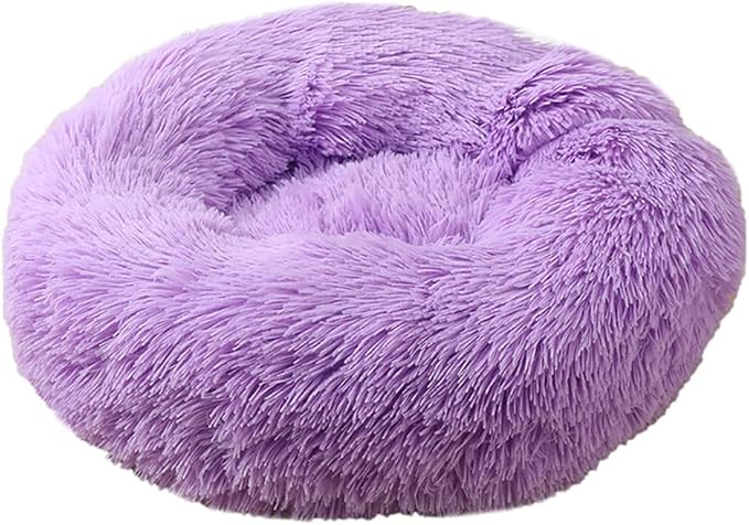 Calming Faux Fur Dog Beds Calming Donut Cuddler Dog Bed Washable Round Cat Bed Pillow Cuddler Fluffy Indoor Dog Calming Beds with Anti Slip Bottom Solid Color Purple 23 Inch