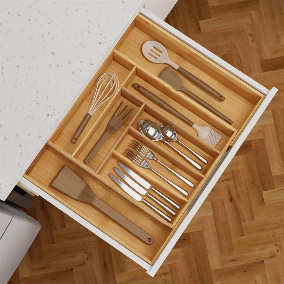 BAMEOS 3.9inch Tall Bamboo Drawer Organizer, Expandable Utensil Holder with 8 Compartments, Adjustable Kitchen Drawer Divider for Flatware, Silverware and Gadgets, Deep Storage for Home and Office