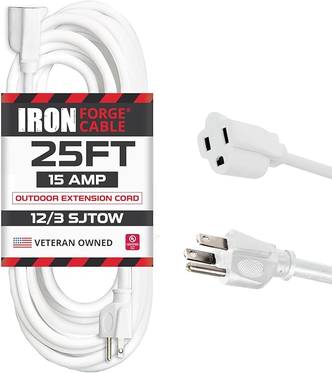 Iron Forge Cable 12 Gauge Outdoor Extension Cord 25 Ft, SJTOW 12/3 Heavy Duty White Extension Cord 3 Prong, Oil Resistant & Flame Retardant