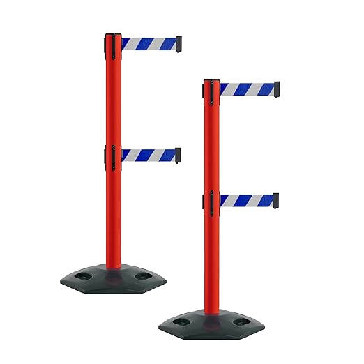 Montour Line MSR630D Set of 2 Retractable Belt Barrier Stanchion, Heavy-Duty Rubber Base, Red Post (7.5 ft Blue and White Diagonal Dual Belt)