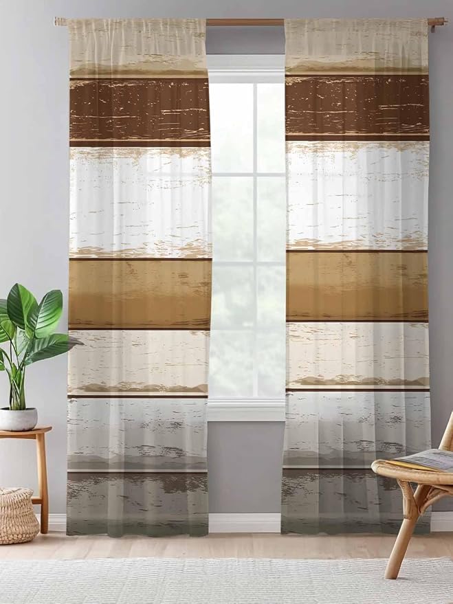 Sheer Curtains 108 Inches Long, Vintage Country Geometric Striped Privacy Voile
