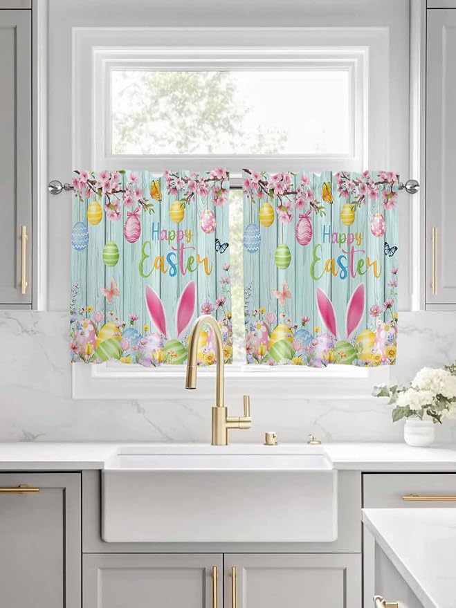 Happy Easter Half Window Curtains 24 Inches Long, Spring Bunny Eggs Flower Teal
