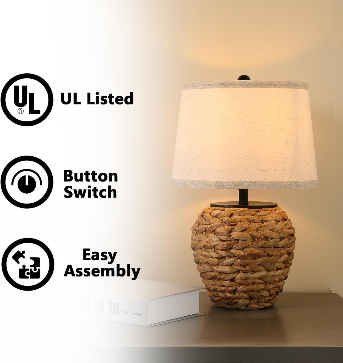 SOTTAE 15.3" Woven Natural Rattan Table Lamp with Linen Shade, Boho Bedside Lamp for Bedroom, Hand-Woven Rustic Farmhouse Desk Lamp for Living Room, Coastal Accent Lighting for Home Office