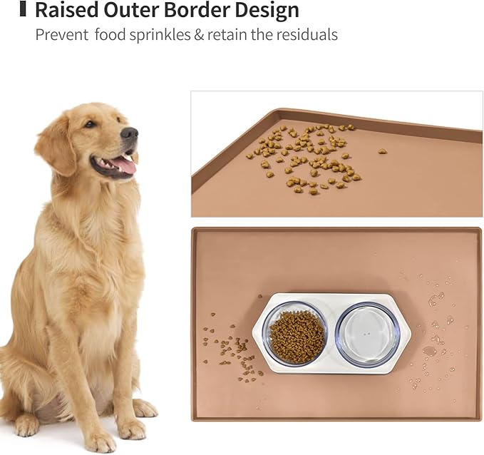 Dog Food Mat,Silicone Waterproof Food Tray,Non Slip Pet Bowl Mats Placemat,0.6" Raised Edge,Suitable for Most Small and Medium Sized Pets,18.5" x 11.5"